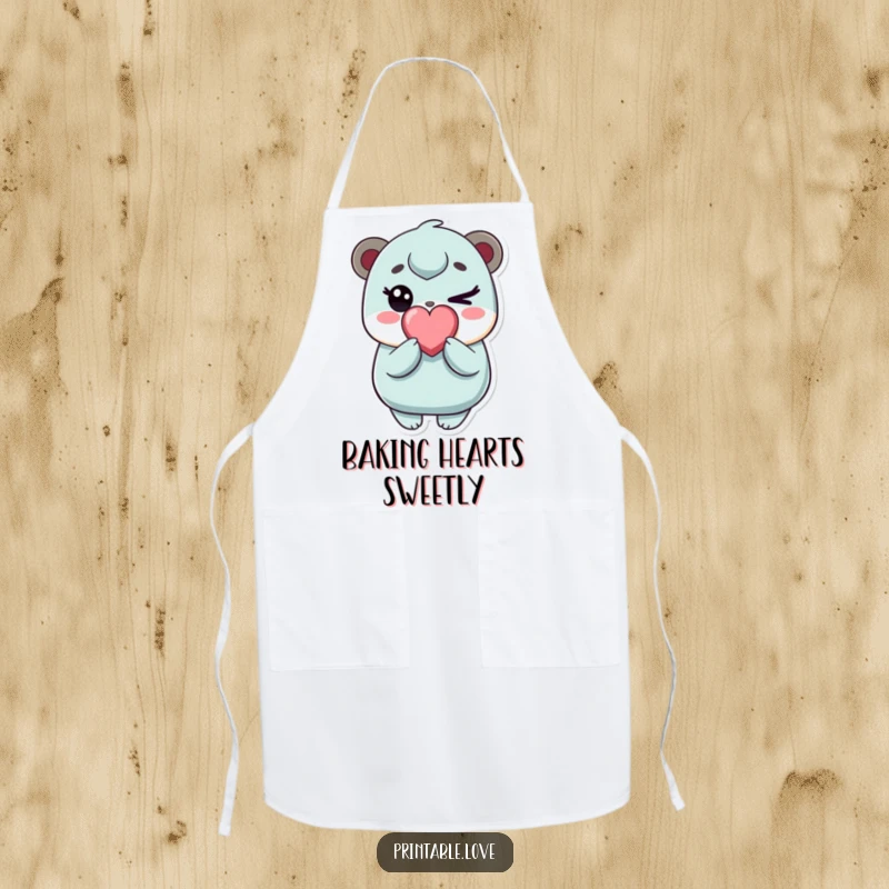 Funny kawaii character apron, cooking and baking, playfully winking with a heart candy, cute kitchen accessory, perfect funny gift.