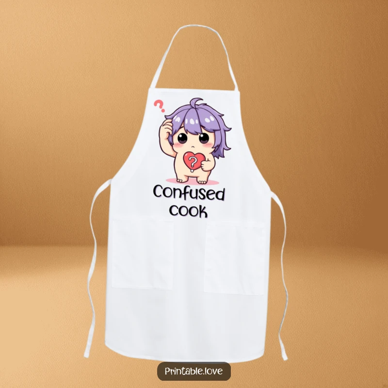 Funny Apron featuring a perplexed character scratching their head, holding a heart question mark, adding humor to kitchen duties.