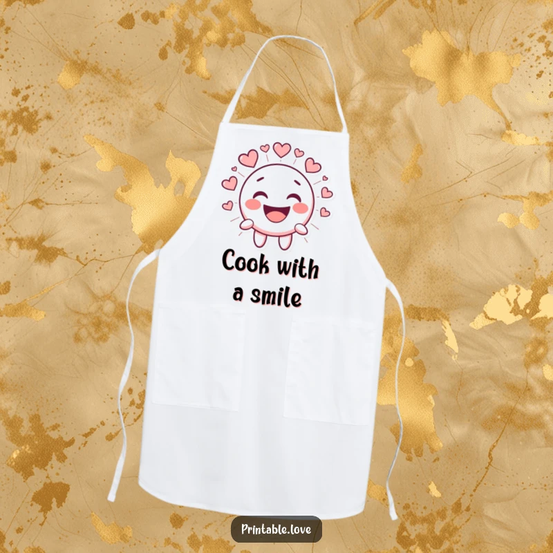 Funny Kawaii Smiley Face Apron, cute cartoon face laughing heartily, radiating heart shapes, ideal for kitchen fun and protection.