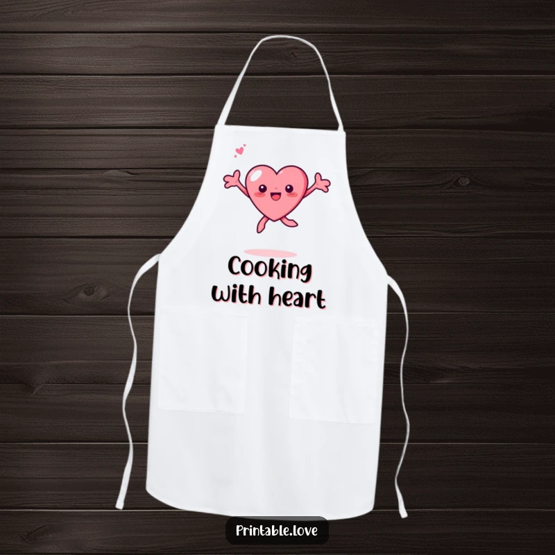 Funny Tiny Heart Leaping Apron: A small heart character is depicted leaping joyfully with arms spread wide, adding a fun element to kitchen wear.