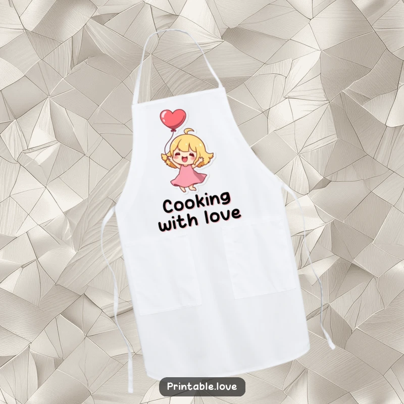 Funny Apron: A Kawaii character joyfully twirls with a heart balloon, ready for kitchen fun.