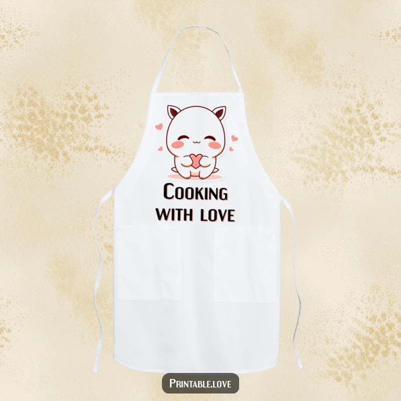 Funny shy kawaii character apron, cooking with love, blushing and offering a heart, cute kitchen accessory, perfect funny gift.