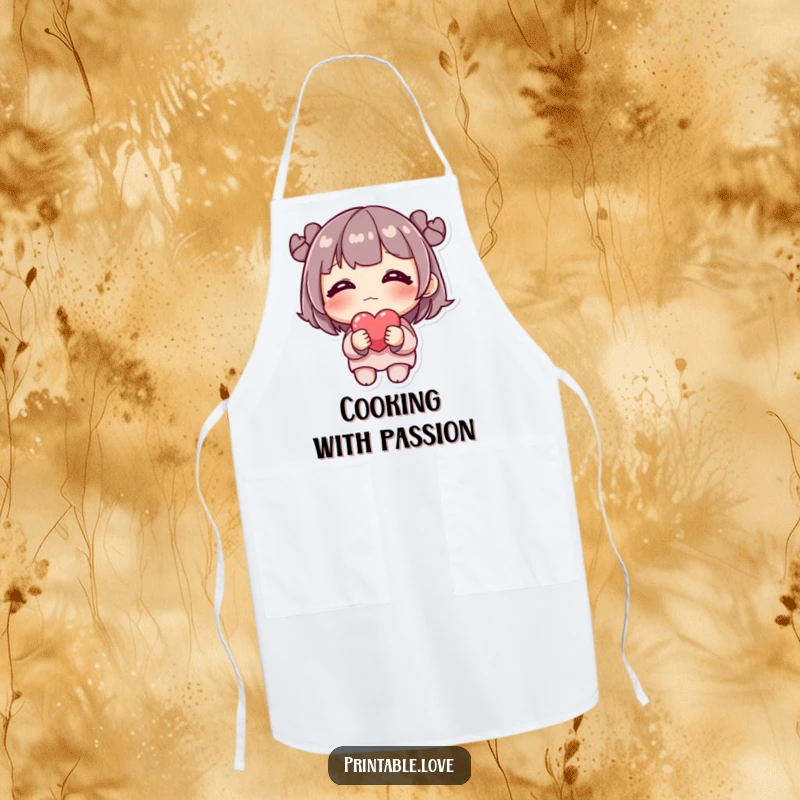 Funny Apron: A shy character blushes brightly, holding a delicate heart, adding cuteness to kitchen wear.