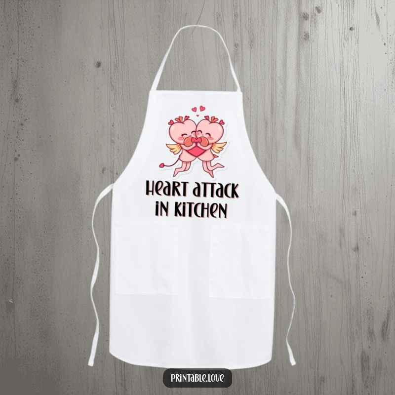Funny apron featuring two heart characters in a comical, acrobatic embrace, perfect for kitchen fun and playful cooking.