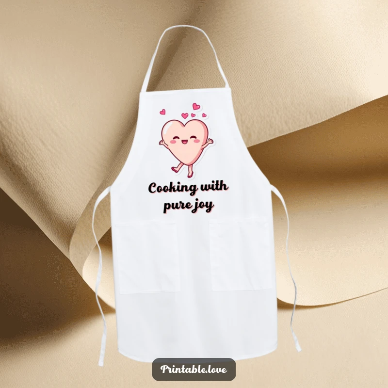 Funny, delighted heart character dancing and twirling with joy on a functional apron, perfect for happy cooking.