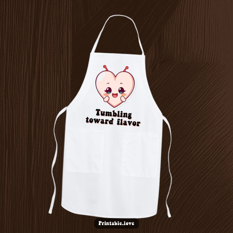 Funny apron design showing a heart character in mid-tumble, eyes wide with delight, adding a humorous and energetic touch to kitchen activities.