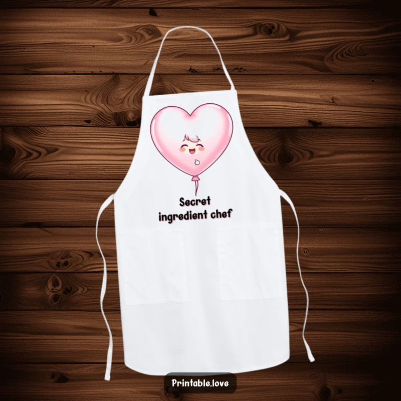 Funny heart balloon apron showing a giggling character peeking from behind a large heart-shaped balloon, perfect for kitchen fun.