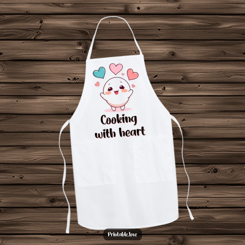 Funny heart juggling apron showing a blushing character playfully tossing colorful hearts, perfect for kitchen fun and protection.