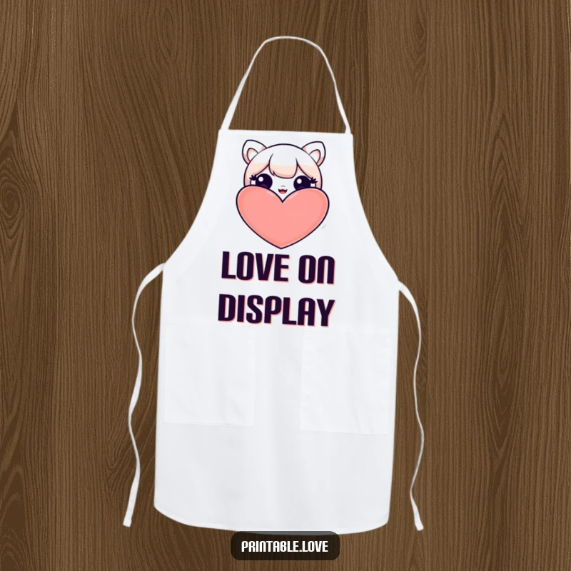Funny apron with a kawaii character peeking playfully from behind a heart, perfect for adding a cute and humorous touch to cooking.