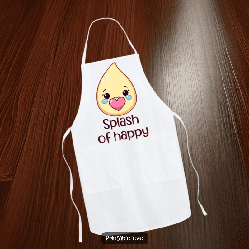 Funny kawaii teardrop character apron, shedding happy, sparkly tears that form a heart, for joyful cooking.