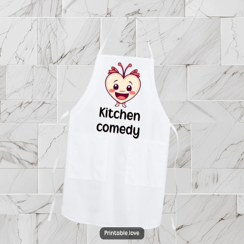 Funny heart character with wide eyes, exuding uncontrollable laughter, printed on a functional kitchen apron.