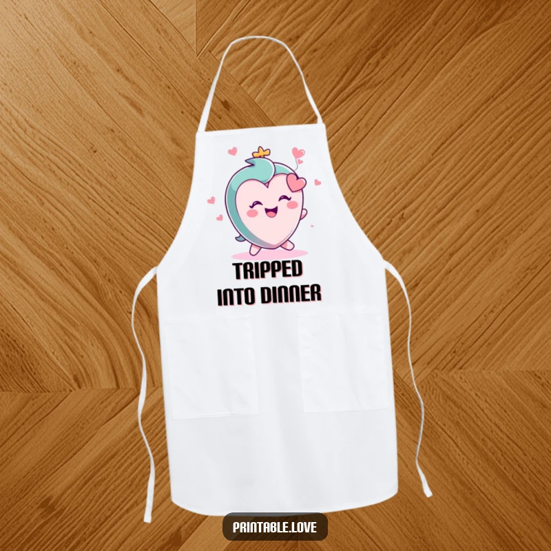 Funny apron design showing a small, cheerful heart character in mid-trip with a gleeful expression, adding humor to kitchen activities.
