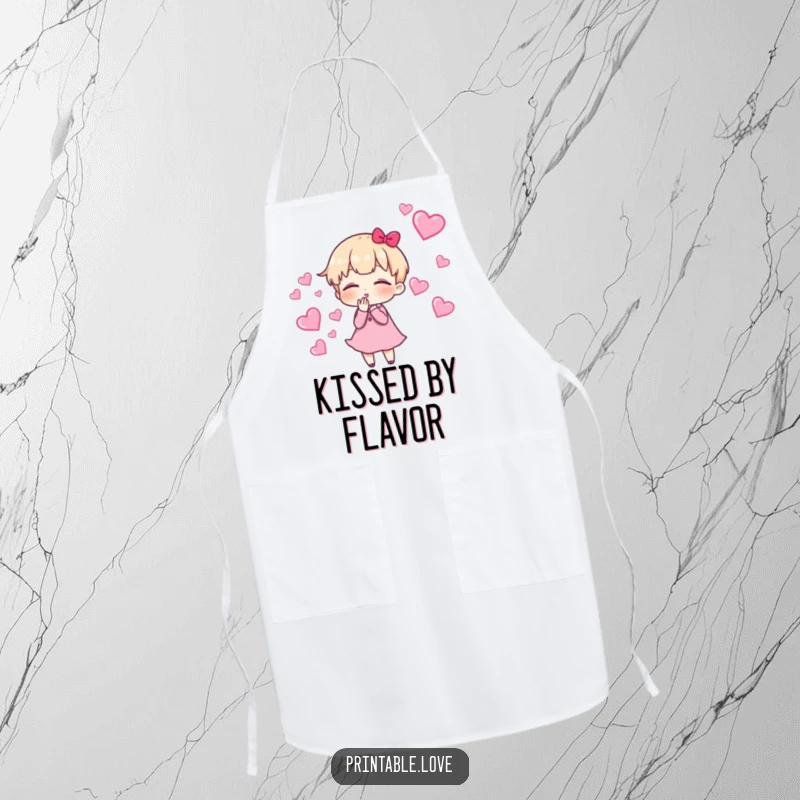 Funny Apron with a cute character blowing kisses, leaving a whimsical trail of hearts, ideal for kitchen fun and protection.