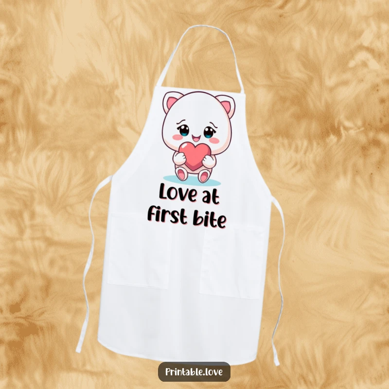 Funny smiling character on an apron, gifting a heart with beaming eyes, a humorous and practical kitchen accessory.