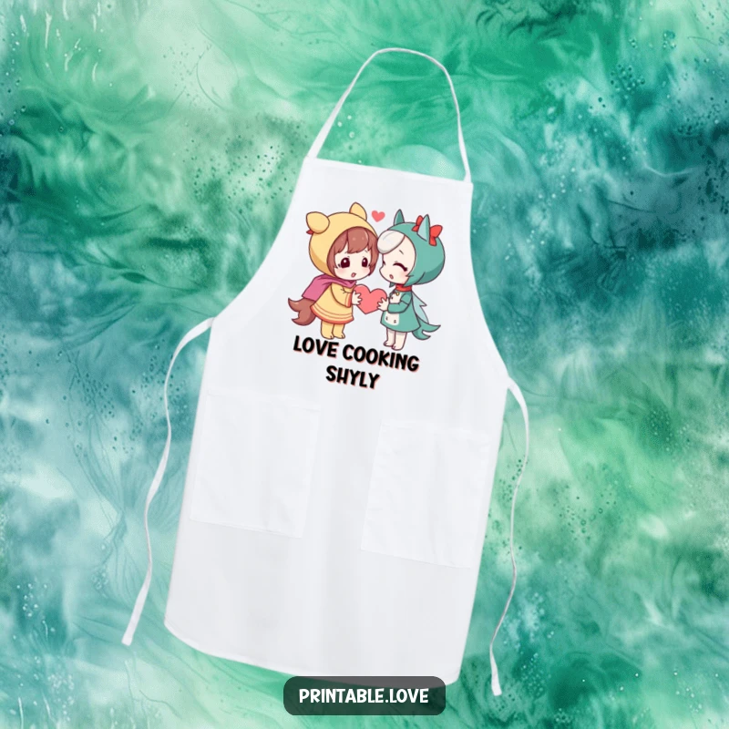 Funny playful character apron, a shy figure offering a heart, perfect for a funny kitchen gift.