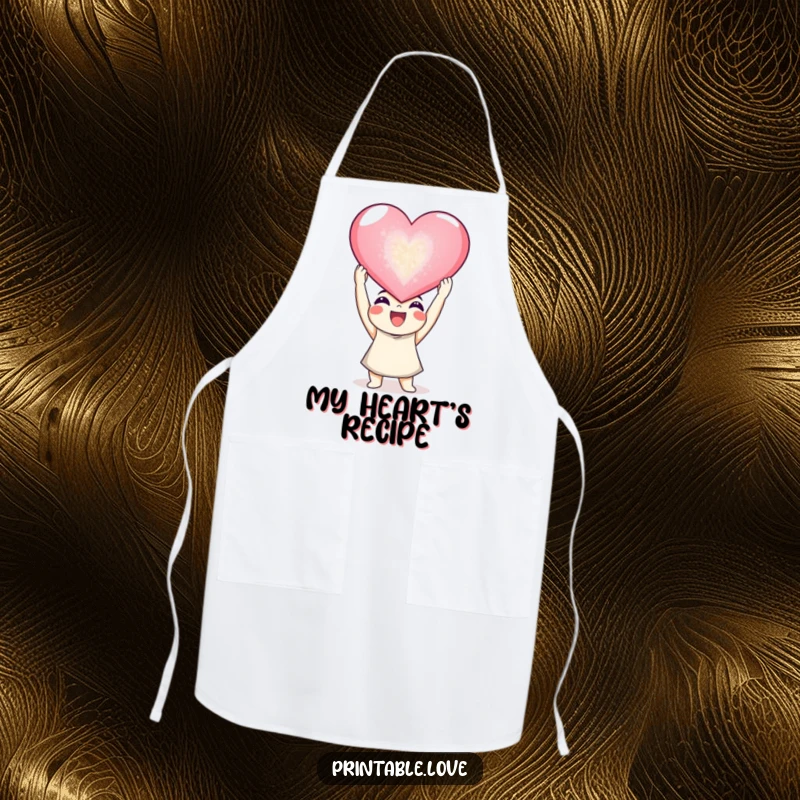 Funny joyful character apron, a happy person holding a giant sparkling heart, perfect for a funny kitchen gift.