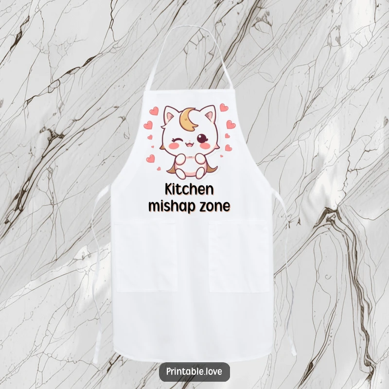 Funny Kawaii Character Apron with a cute character tripping, heart scattering in surprise, perfect for a humorous cooking experience.