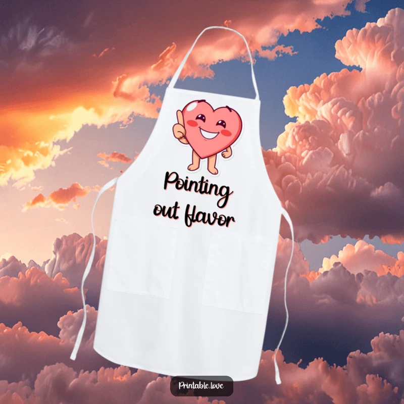 Funny heart character with a cheerful grin playfully pointing on a functional apron, great for kitchen guidance.