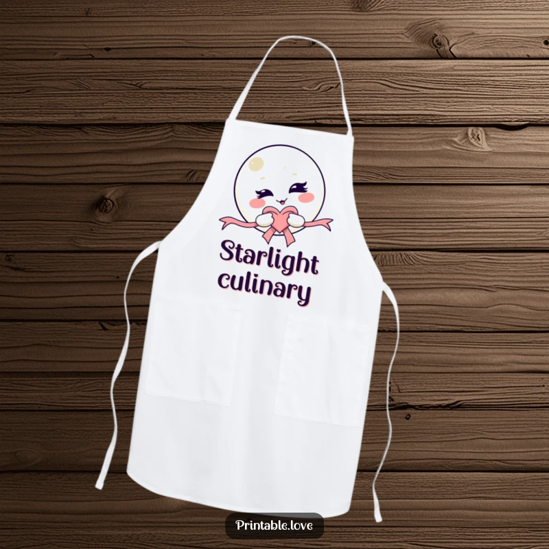 Funny Kawaii Moon Apron: Protective kitchen wear featuring a mischievous winking moon character holding a heart ribbon, ideal for cooking.