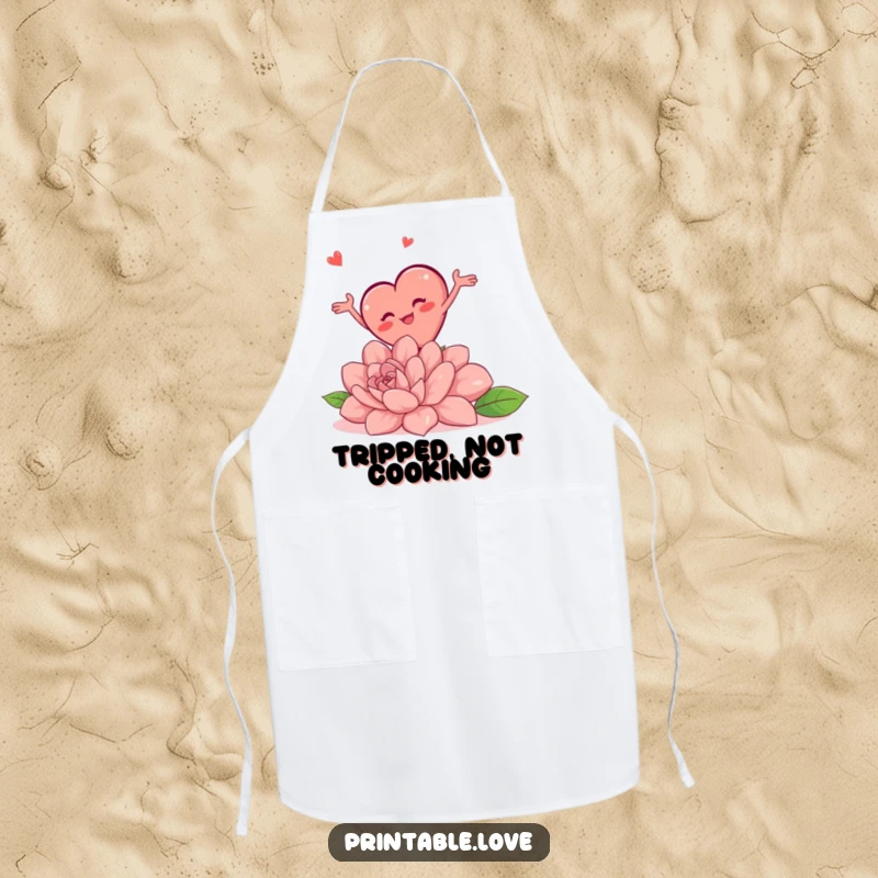 Funny apron featuring a chubby heart character tripping over a large flower, arms flailing in a comical kitchen mishap.