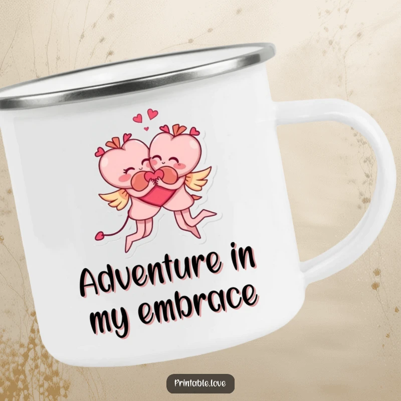 Funny camping mug featuring two heart characters in a comical, acrobatic embrace, perfect for outdoor adventures and laughter.