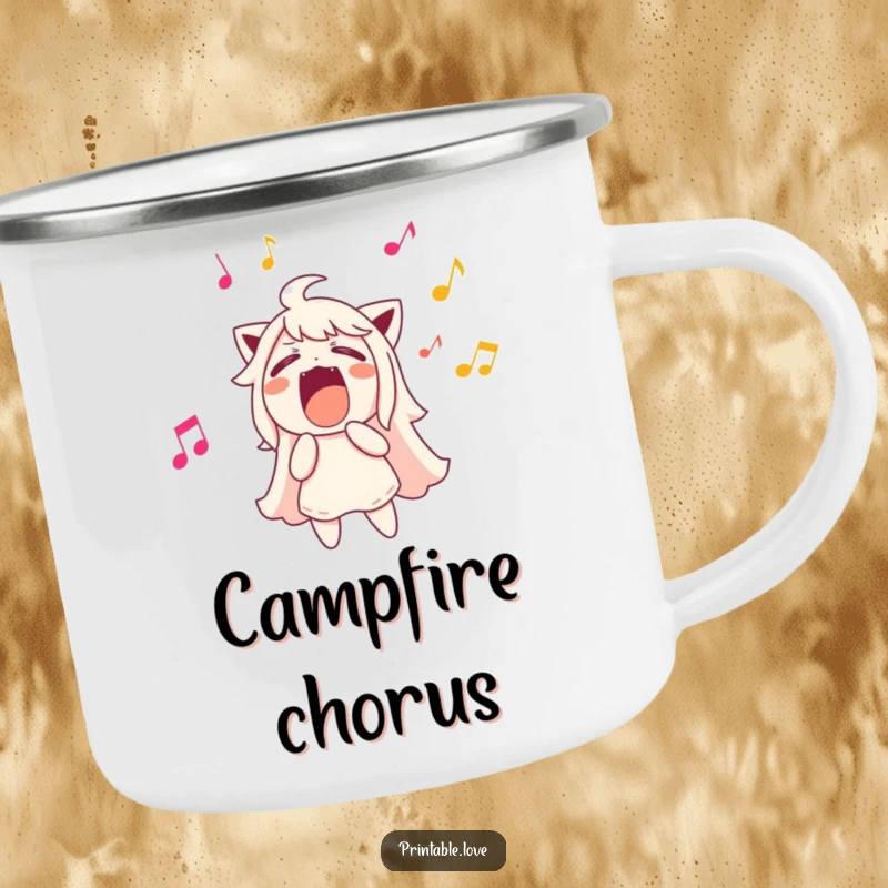 Funny character singing loudly, musical notes flying out, enamel camping mug, rugged and musical.