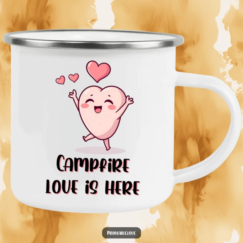 Funny tiny heart character camping mug, a cute heart tossing a heart, perfect for outdoor fun.