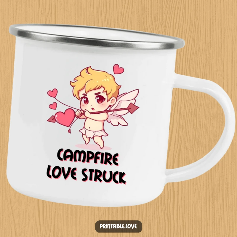 Funny Cupid camping mug, showing a character determinedly shooting an arrow made of hearts, for outdoor use with romantic humor.