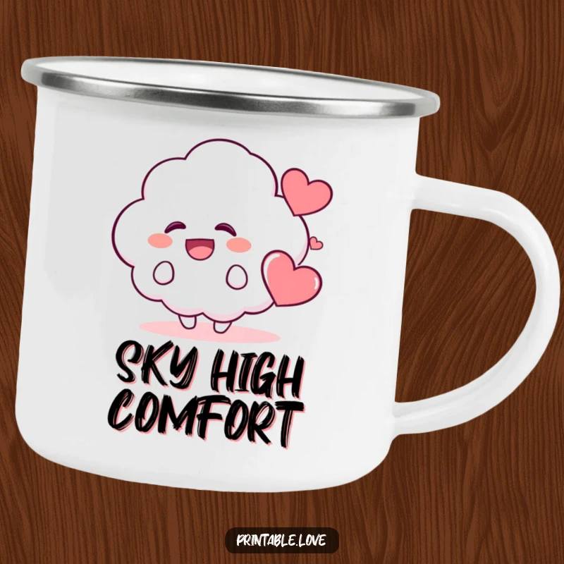Funny Kawaii Cloud Camping Mug: A sturdy mug showcasing a cute cloud character giggling uncontrollably, with a nearby happy heart, perfect for outdoor cheer.