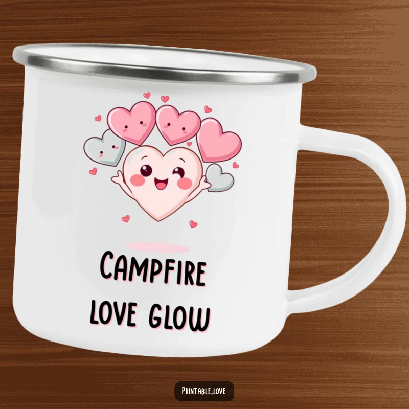 Funny Kawaii Heart Camping Mug: A sturdy mug showcasing a cute heart character juggling smiling hearts, perfect for outdoor enjoyment with a touch of love.