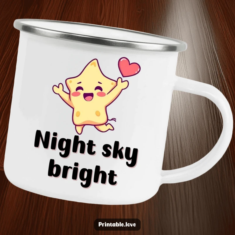 Funny Kawaii Star Camping Mug: A sturdy mug showcasing a cute star character in a joyful leap, holding a heart aloft, perfect for outdoor celebrations.