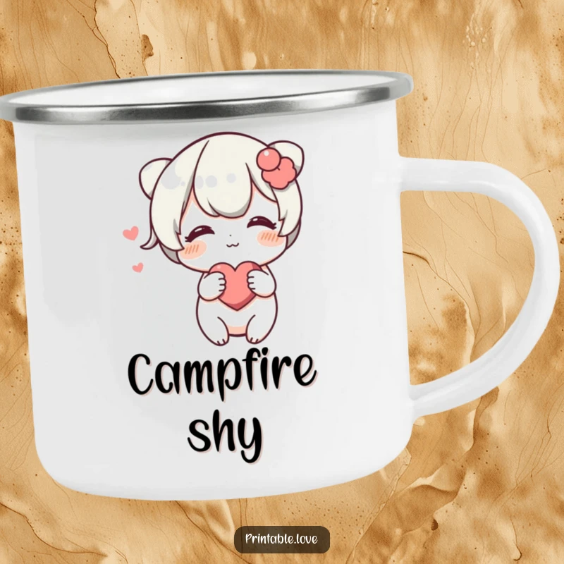 Funny Blushing Heart Camping Mug: An enamel mug showing a blushing character playfully pushing a heart towards the viewer, perfect for gentle campers.