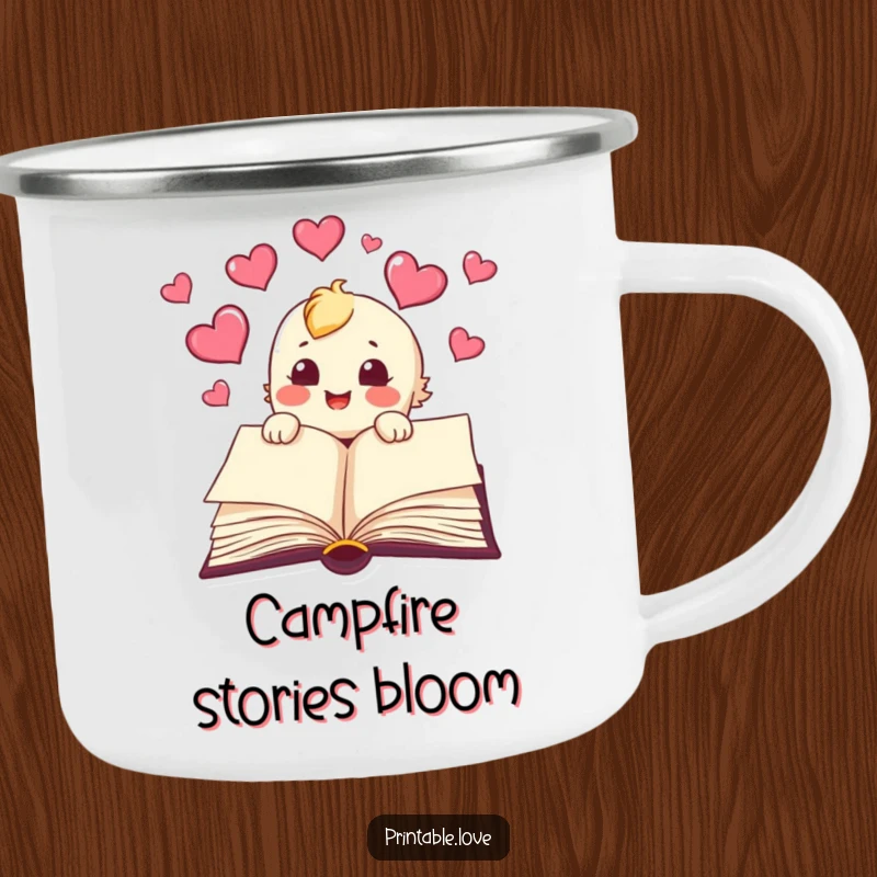 Funny book camping mug, showing a character joyfully releasing hearts from its pages, for outdoor use with literary humor.