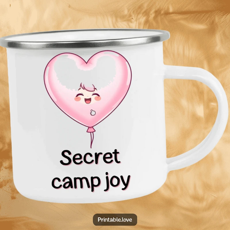 Funny heart balloon camping mug showing a giggling character peeking from behind a large heart-shaped balloon, perfect for outdoor drinks.