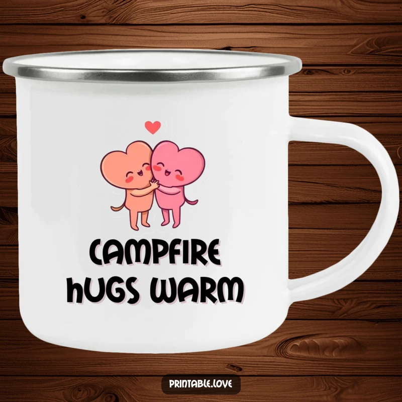 Funny small heart characters in a loving hug on a sturdy camping mug, perfect for sharing warmth outdoors.