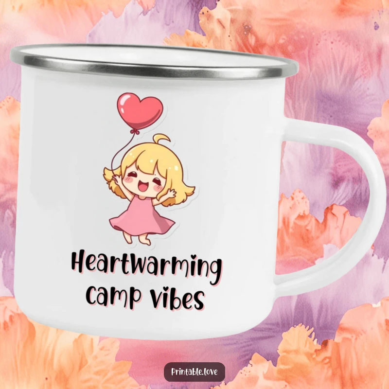Funny Camping Mug: A Kawaii character joyfully twirls with a heart balloon, ready for outdoor fun.