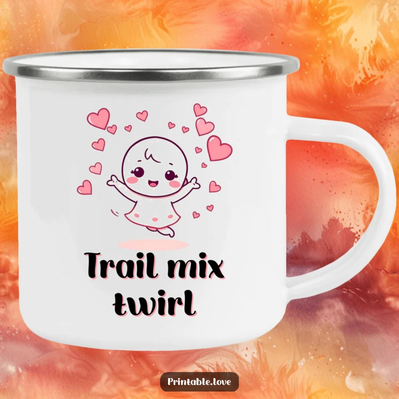 Funny camping mug with a kawaii character dancing enthusiastically with swirling hearts, bringing cheer to outdoor adventures.