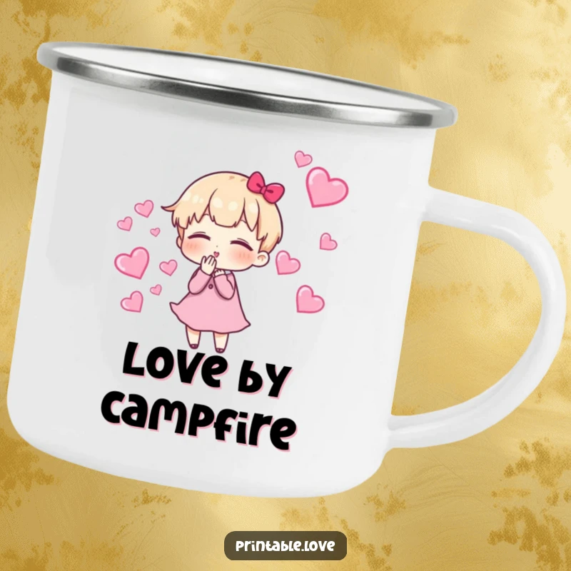 Funny Camping Mug showcasing a cute character blowing kisses, with a trail of hearts, designed for durability and outdoor enjoyment.