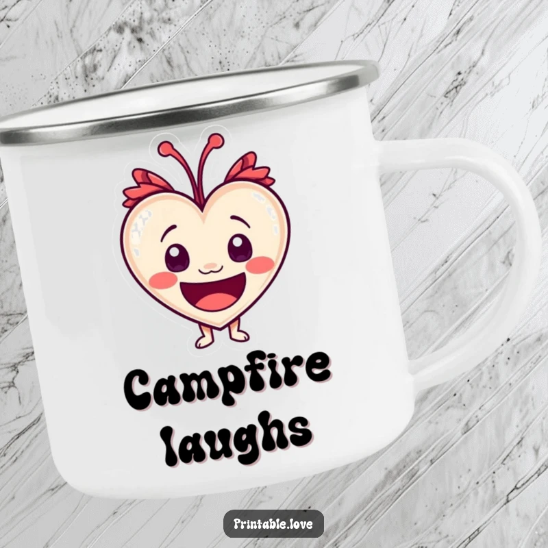 Funny heart character with wide eyes, exuding laughter on a sturdy camping mug for outdoor amusement.