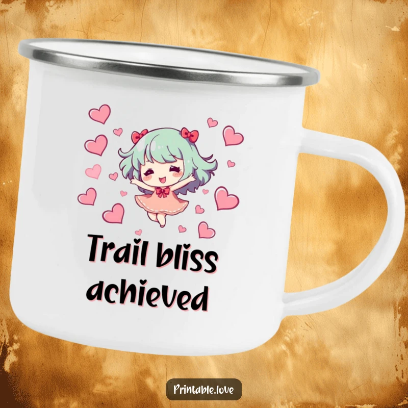 Funny Camping Mug: A character dances joyfully with hearts, perfect for outdoor adventures, a durable and funny gift.