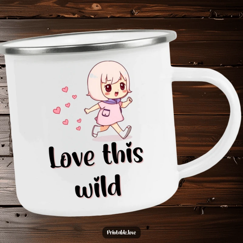 Funny Striding Hearts Camping Mug: Durable mug featuring a character confidently walking, leaving hearts in nature.