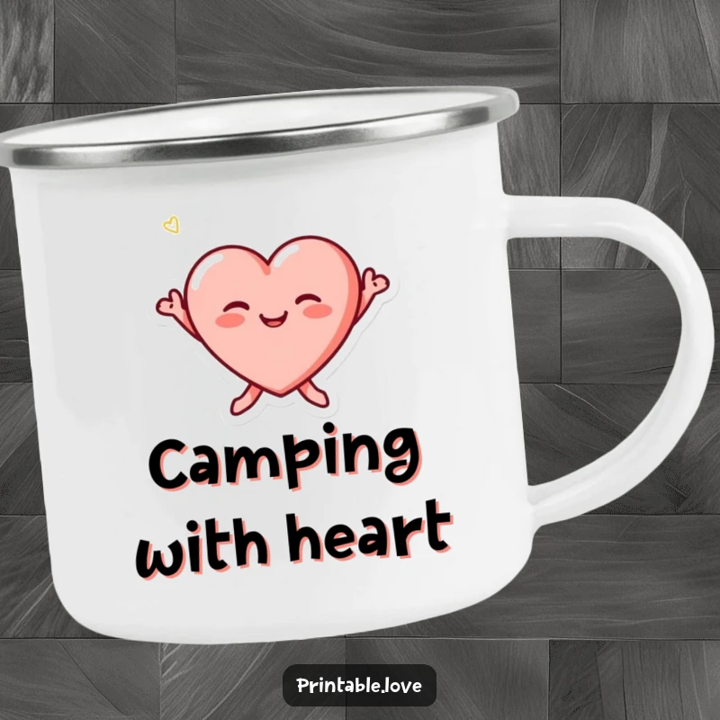 Funny tiny heart character with blushing cheeks joyfully jumping on a sturdy camping mug for outdoor fun.