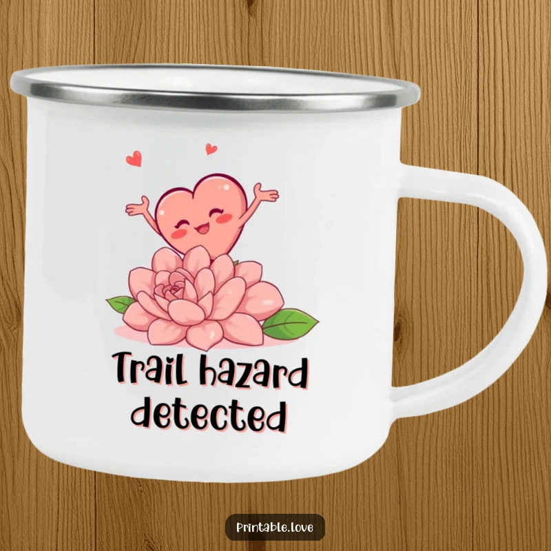 Funny camping mug depicting a chubby heart character tripping hilariously over a flower, arms flailing during an outdoor adventure.