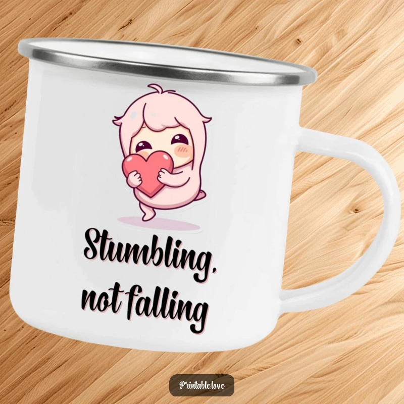 Funny wobbly character on a camping mug, tripping but holding a heart safely, durable and charming for outdoor use.