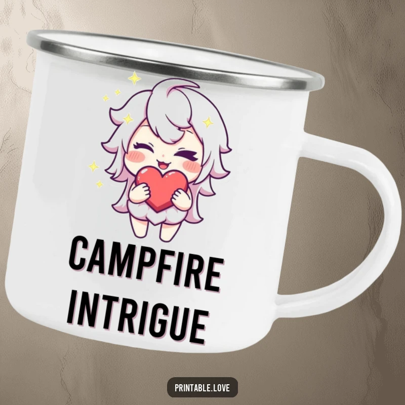 Funny Winking Heart Camping Mug: An enamel mug showing a sparkling character winking with a mischievous grin while holding a heart.