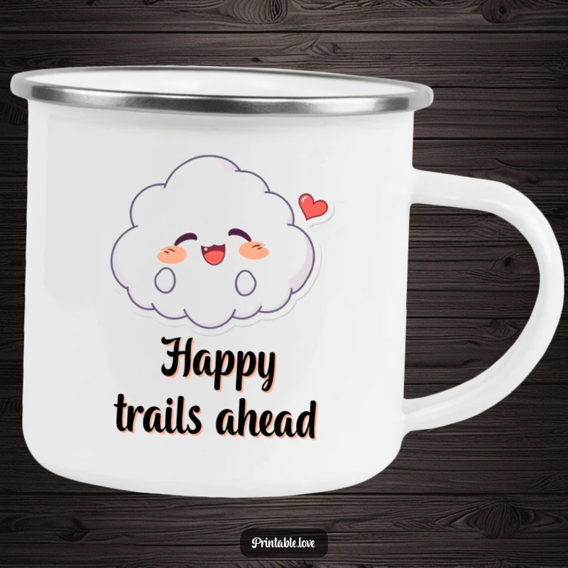 Funny Kawaii Cloud Camping Mug: Durable enamel cup with a giggling cloud character, happy heart, perfect for hot beverages in the outdoors.