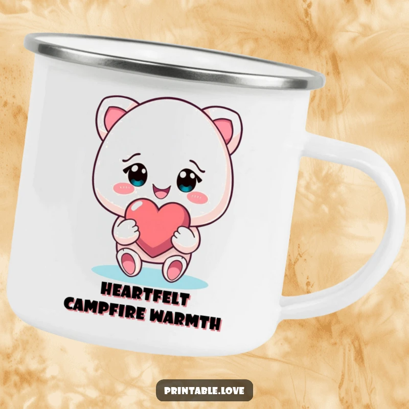 Funny smiling character on a camping mug, gifting a heart with beaming eyes, durable and cheerful for outdoor use.
