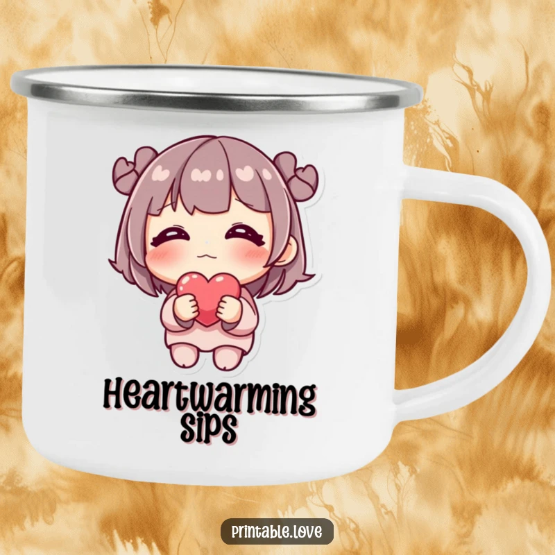 Funny Camping Mug: A shy character blushes, holding a single delicate heart, perfect for outdoor adventures.