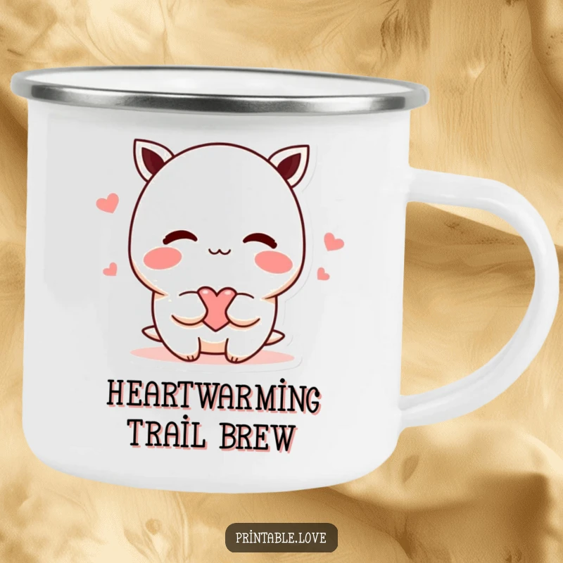 Funny shy kawaii character camping mug, durable and portable, blushing and offering a heart, perfect for outdoor drinks and sharing love.