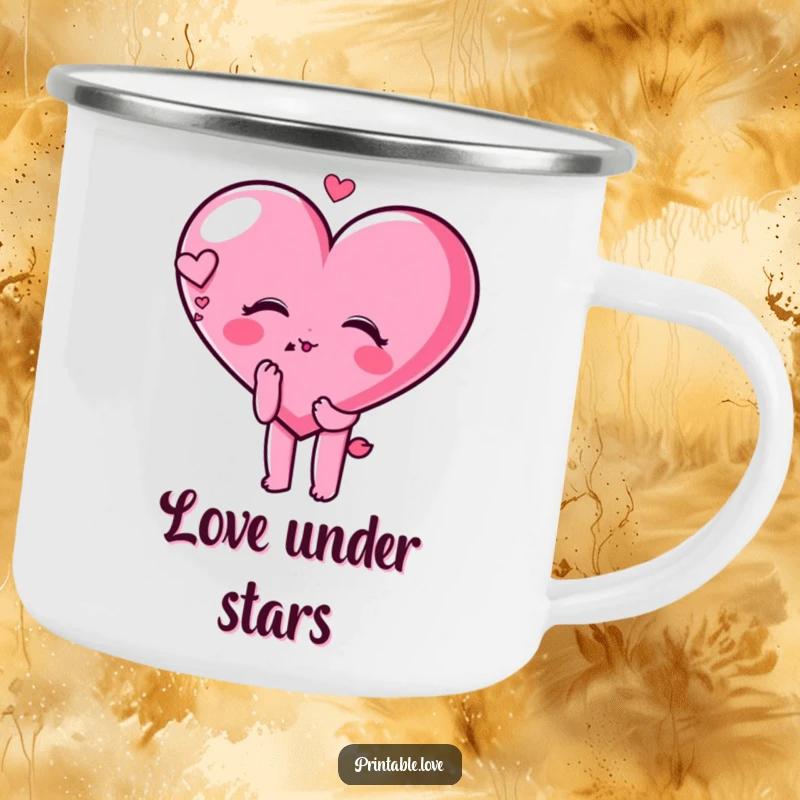Funny heart character blowing a kiss with a dreamy expression on a durable camping mug, perfect for romantic adventures.